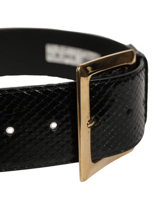 Black Exotic Leather Gold Metal Buckle Belt