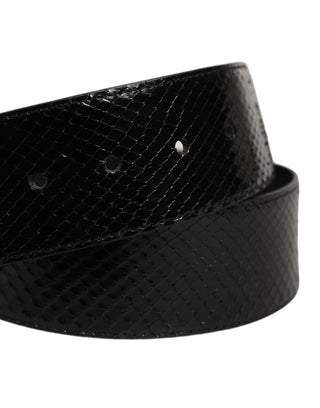 Black Exotic Leather Gold Metal Buckle Belt