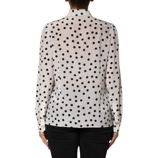 White Black Dotted Silk Long Sleeves Top