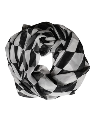 White Black Checkered Silk Foulard Scarf