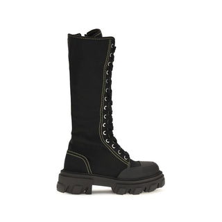 Black Cotton Lace-Up Boots
