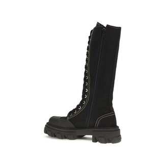 Black Cotton Lace-Up Boots