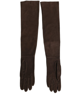 Brown Genuine Leather Suede Elbow Length Gloves