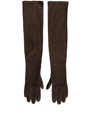 Brown Genuine Leather Suede Elbow Length Gloves