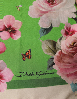 Green Floral Print Silk Square Foulard Scarf
