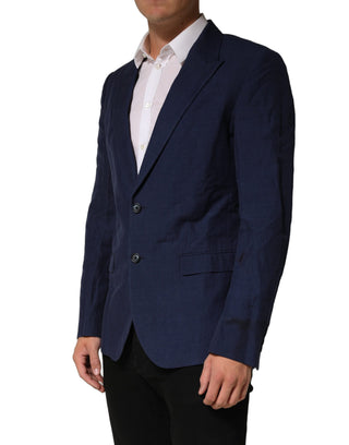 Dark Blue Flax Men Single Breasted Jacket