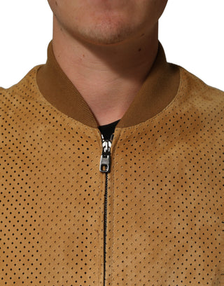 Beige Leather Perforated Full Zip Men Jacket