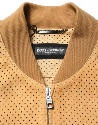 Beige Leather Perforated Full Zip Men Jacket