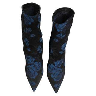 Black Blue Floral Stretch Sock Boots Shoes