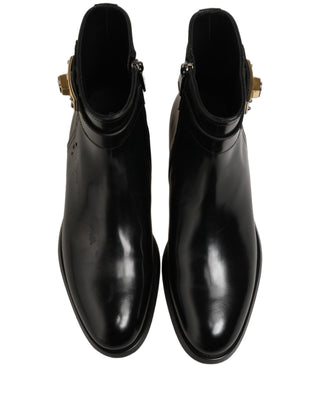 Black Leather Buckle Mid Calf Boots Men Shoes