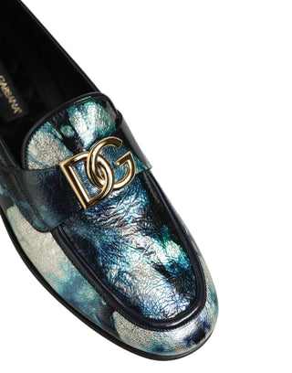 Metallic Blue Silver Leather DG Loafers Shoes