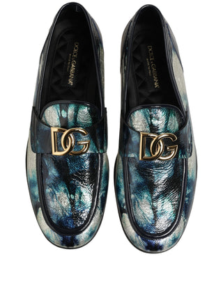 Metallic Blue Silver Leather DG Loafers Shoes