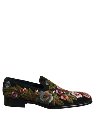 Black Velvet Floral Embroidery Loafers Shoes