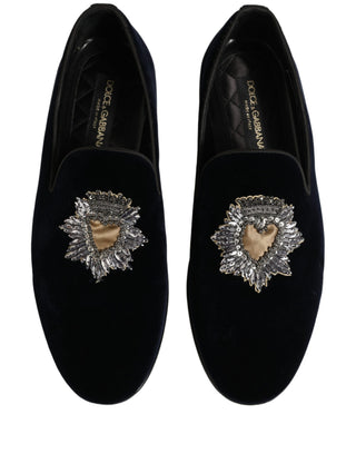 Blue Velvet Embellished Slip On Loafers Shoes