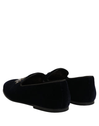 Blue Velvet Embellished Slip On Loafers Shoes