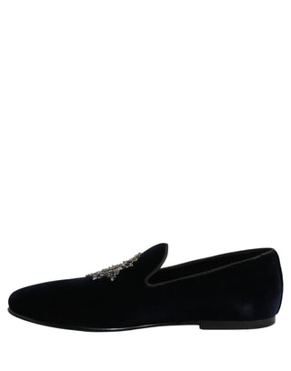 Blue Velvet Embellished Slip On Loafers Shoes