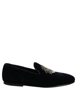 Blue Velvet Embellished Slip On Loafers Shoes