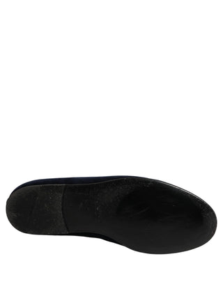 Blue Velvet Embellished Slip On Loafers Shoes