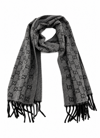 Monogram Grey Wool Scarf with Fringe
