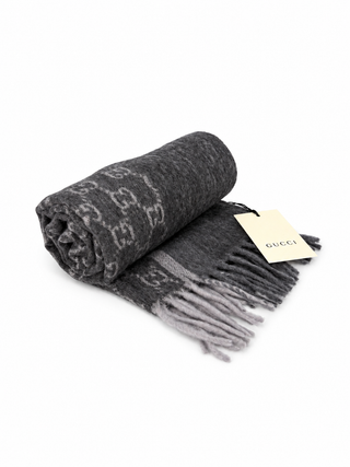 Monogram Charcoal Grey Cashmere & Wool Scarf with Fringe