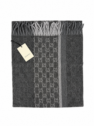 Monogram Charcoal Grey Cashmere & Wool Scarf with Fringe