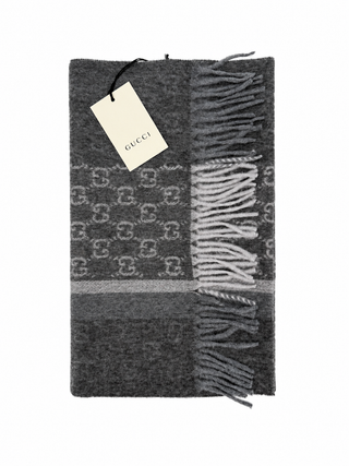 Monogram Charcoal Grey Cashmere & Wool Scarf with Fringe