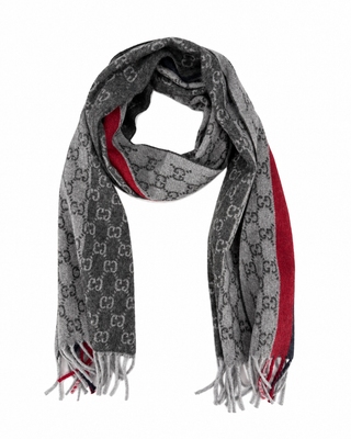 Monogram Grey Cashmere & Wool Scarf with Red & Black Stripe