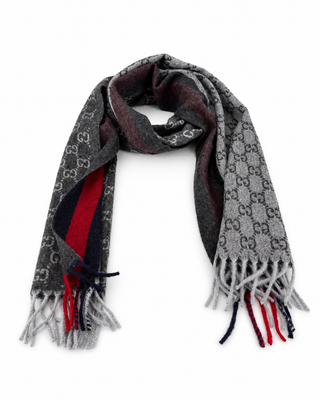 Monogram Charcoal Grey Cashmere & Wool Scarf with Red & Navy Stripe