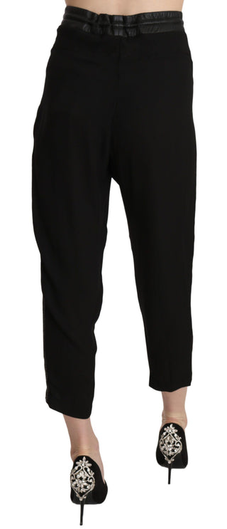 Schwarze Cropped-Hose mit hoher Taille aus Polyester