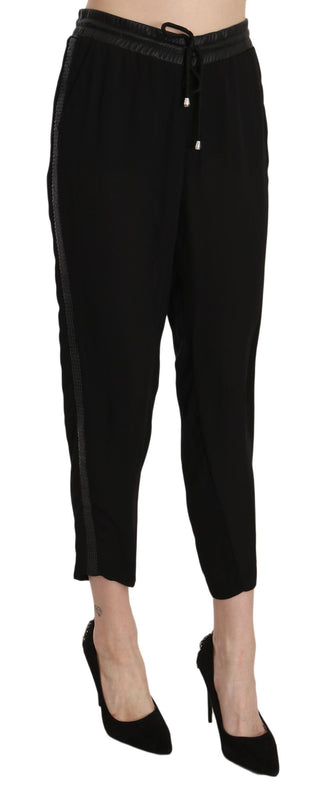 Schwarze Cropped-Hose mit hoher Taille aus Polyester