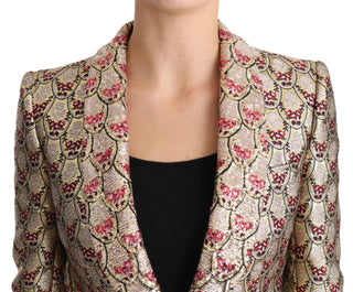 Goldfarbener Blazer mit Blumenmuster und Pailletten