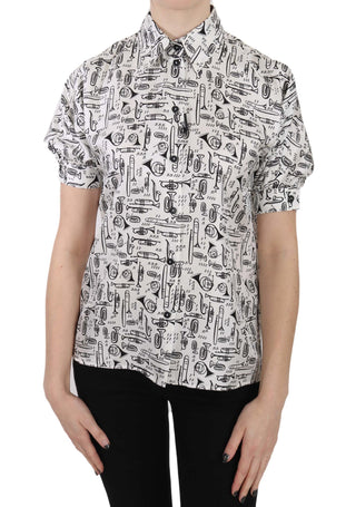 Trumpet Print Button Front Silk Top Blouse