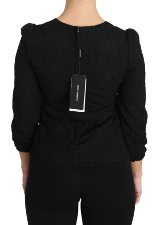 Schwarze Spitzenbluse mit Blumenmuster und Reißverschluss