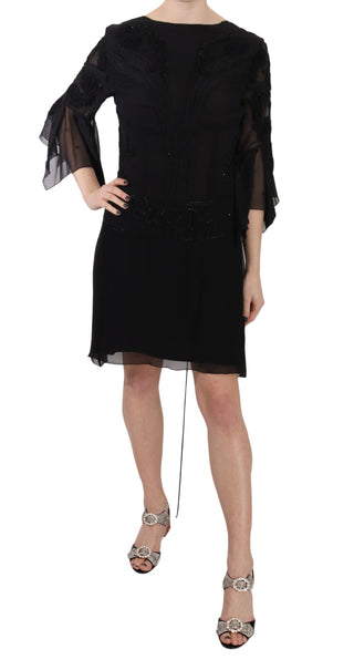 Schwarzes paillettenbesetztes Mini-Seidenkleid im Shift-Stil
