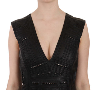 Schwarzes genietetes Mini-Shift-Kleid aus Leder