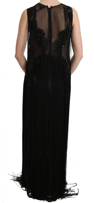 Schwarzes Perlenpailletten-Transparenz-Kleid