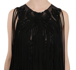 Schwarzes Perlenpailletten-Transparenz-Kleid