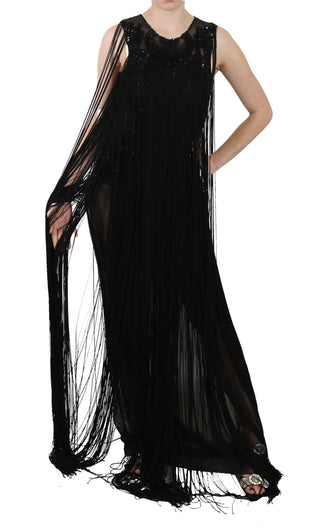 Schwarzes Perlenpailletten-Transparenz-Kleid