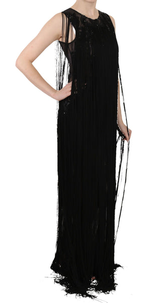 Schwarzes Perlenpailletten-Transparenz-Kleid