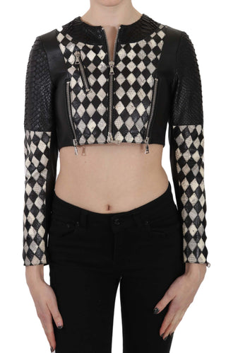 Schwarz-weiß Leder Kurze Cropped Bikerjacke Mantel