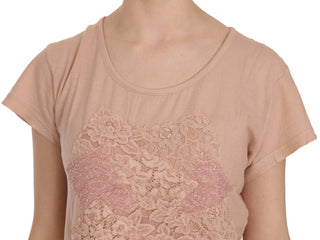 Rosa Creme Spitze Kurzarm-Hemd Baumwollbluse