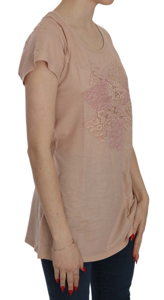 Rosa Creme Spitze Kurzarm-Hemd Baumwollbluse