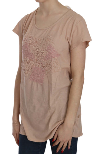 Rosa Creme Spitze Kurzarm-Hemd Baumwollbluse