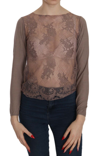 Blusa de manga larga marrón de encaje transparente