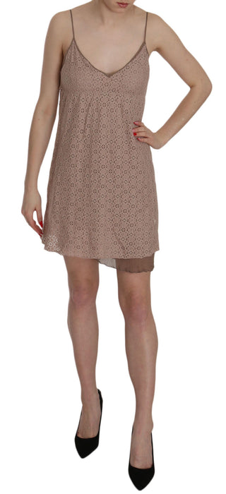 Vestido mini de algodón de línea A con tirantes espagueti beige