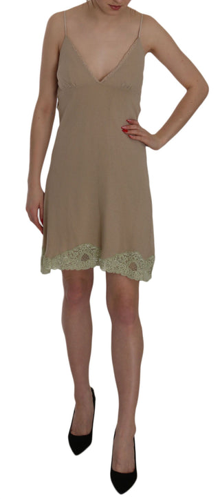 Vestido mini de algodón de línea A con tirantes espagueti de encaje beige