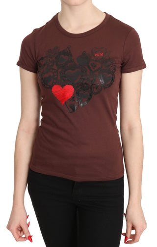 Braun Herzen Bedrucktes Rundhals T-Shirt Top