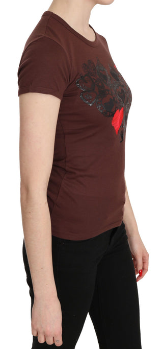 Braun Herzen Bedrucktes Rundhals T-Shirt Top