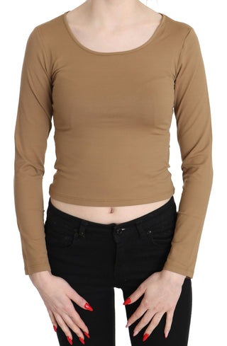 Blusa crop de manga larga y cuello redondo ajustada marrón