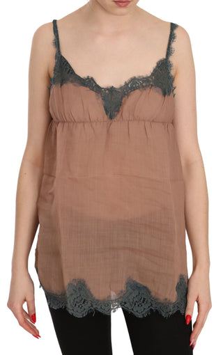 Blusa sin mangas de tirantes espagueti de encaje marrón